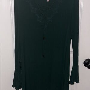 Xhilaration Dark Green Long Sleeve Lace-Up V-Neck Dress